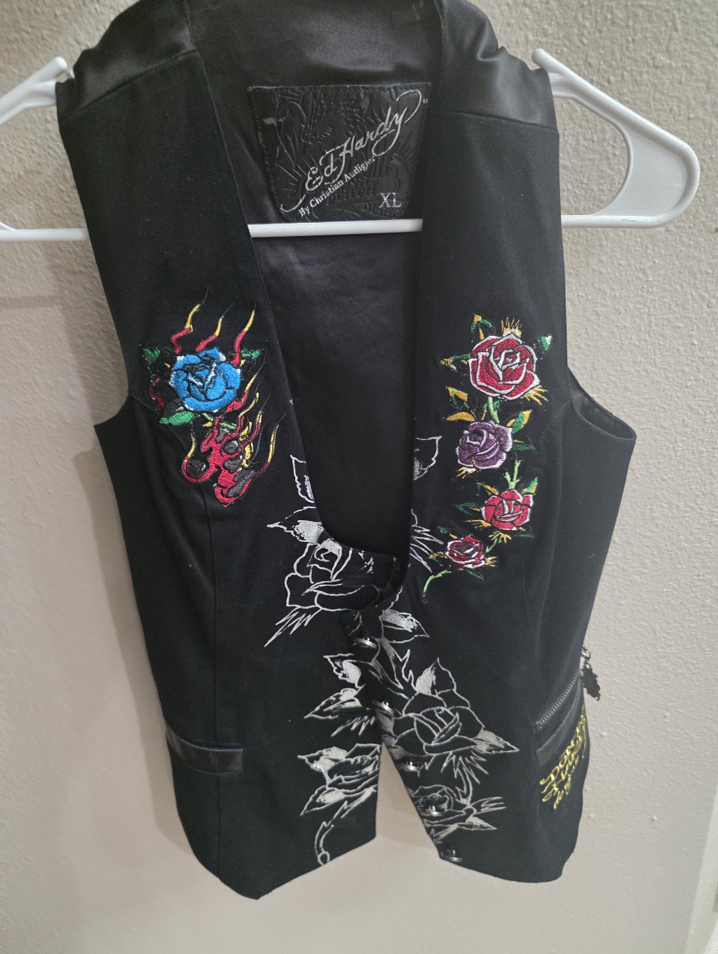 Ed Hardy Black Vest With Multicolor Embroidered Roses Xl